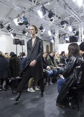 A model on the catwalk during the J.W. Anderson London Collections Men AW2016 show at Yeomanry House, London.