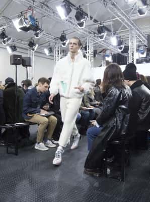 A model on the catwalk during the J.W. Anderson London Collections Men AW2016 show at Yeomanry House, London.