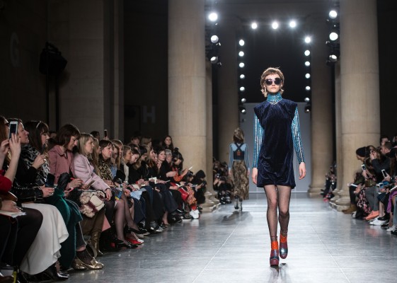 A model on the catwalk during the House of Holland Autumn/ Winter 2016 London Fashion Week catwalk at Tate Britain, London.