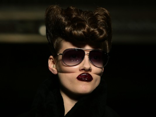 A model on the catwalk during the Gareth Pugh Autumn/ Winter 2016 London Fashion Week show at Freemasons' Hall in London.