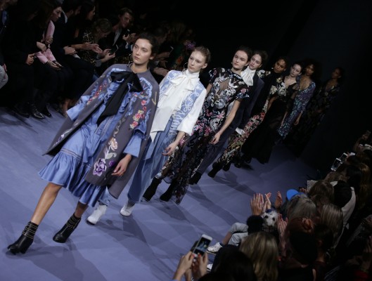 Models on the catwalk during the Temperley Autumn/ Winter 2016 London Fashion Week show at Lindley Hall in Vincent Square, London.