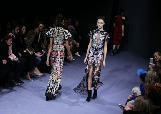 Models on the catwalk during the Temperley Autumn/ Winter 2016 London Fashion Week show at Lindley Hall in Vincent Square, London.