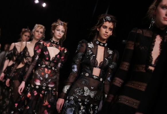 A model on the catwalk during the Alexander McQueen Fall Winter 2016 Women's Show at Lawrence Hall, London.