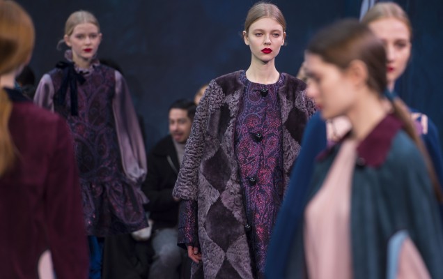 Models on the catwalk during the Roksanda Autumn/ Winter 2016 London Fashion Week catwalk at Bryanston Place, London.