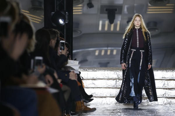 A model on the catwalk during the Peter Pilotto Fall Winter 2016 Women's Show at Queen Elizabeth II Conference Centre, London.