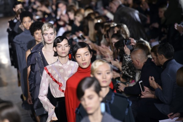 Models wear creations for Stella McCartney's Fall-Winter 2016-2017 ready to wear fashion collection presented Monday, March 7, 2016 in Paris. (AP Photo/Zacharie Scheurer)