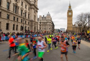 Runner pass through Parliament Square during the 2016 Virgin Money London Marathon.