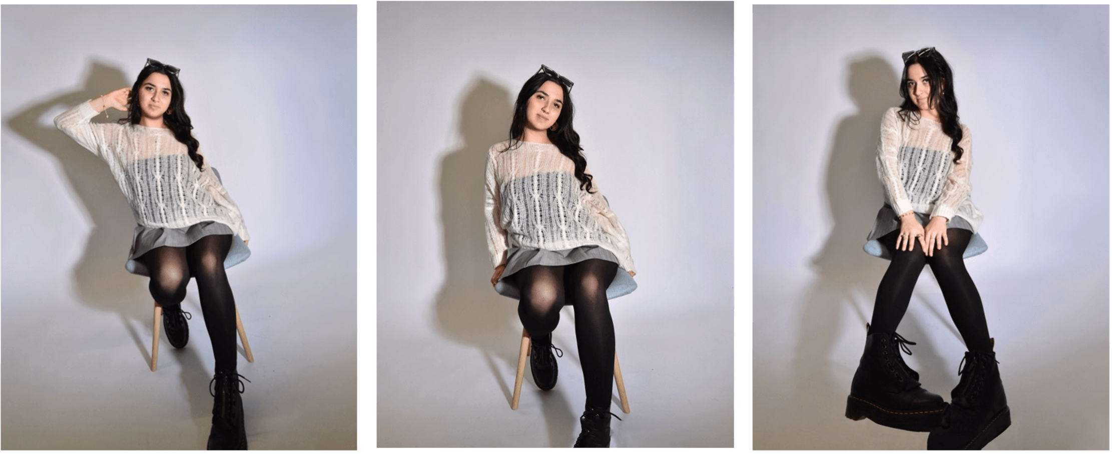 Sophisticated, comfortable outfit perfect for work or running errands. Featuring a grey pinstripe pleated skirt and a loose knit oversized jumper, paired with tights and boots.