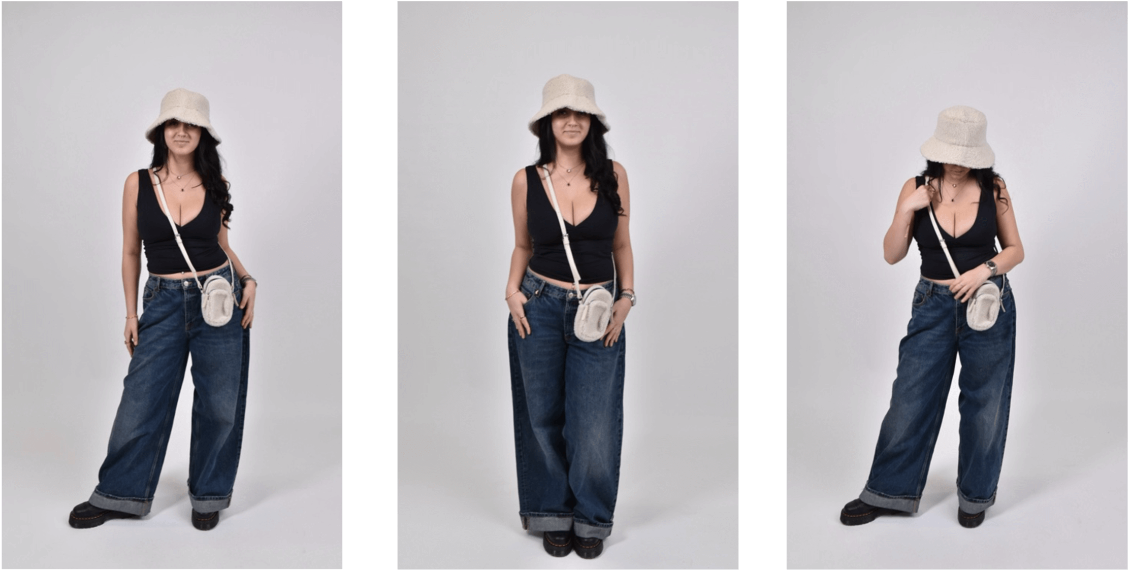 A simple, but cute daytime outfit comprised of blue wide jeans, a black tank top. Accessorised with matching bucket hat and cross body bag.